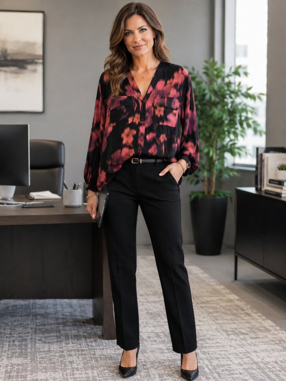 UNIVERSAL STANDARD Lng Slve Button-Up Black w/Blurred Pink Florals Blouse M - Picture 1 of 10